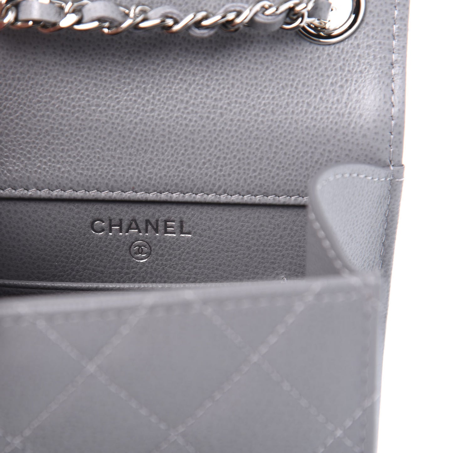 Grained Calfskin Quilted CC Box Clutch With Chain Grey