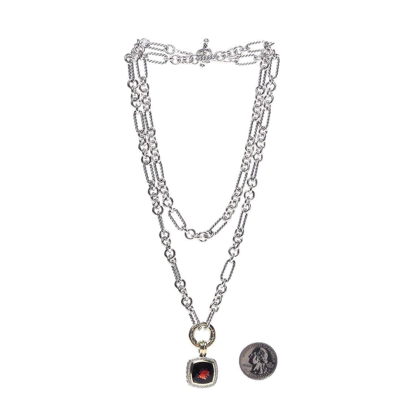 Sterling Silver 18K Yellow Gold Diamond Garnet 14mm Albion Figaro Chain Pendant Necklace