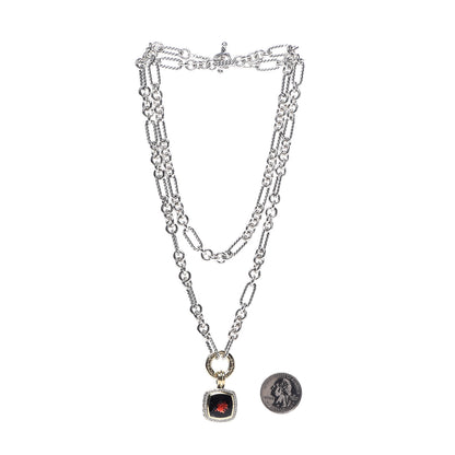 David Yurman Sterling Silver 18K Yellow Gold Diamond Garnet 14mm Albion Figaro Chain Pendant Necklace 2 of 5