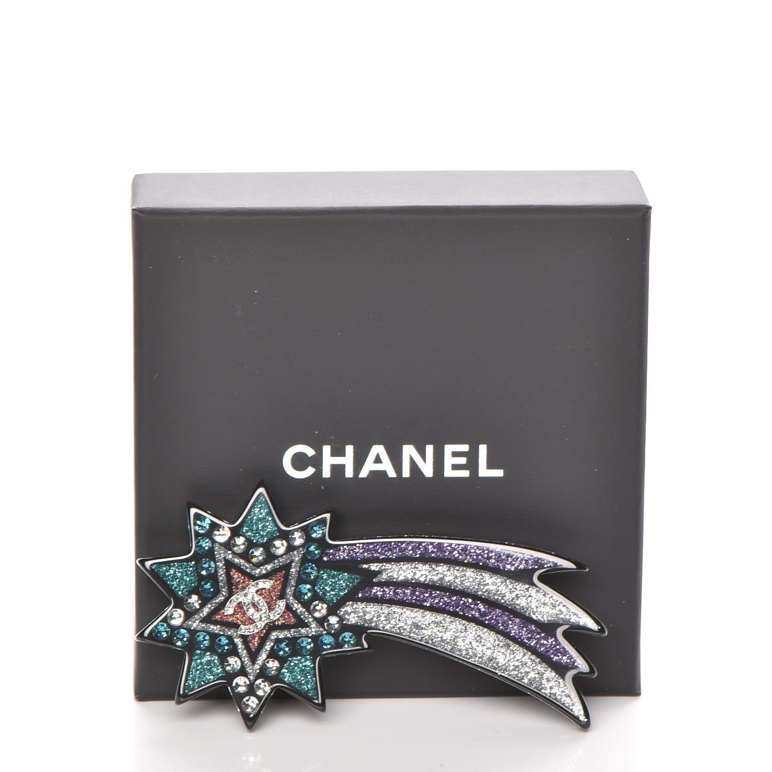 Chanel Glittered Resin Strass Shooting Star Brooch Black Purple Green 5 of 5