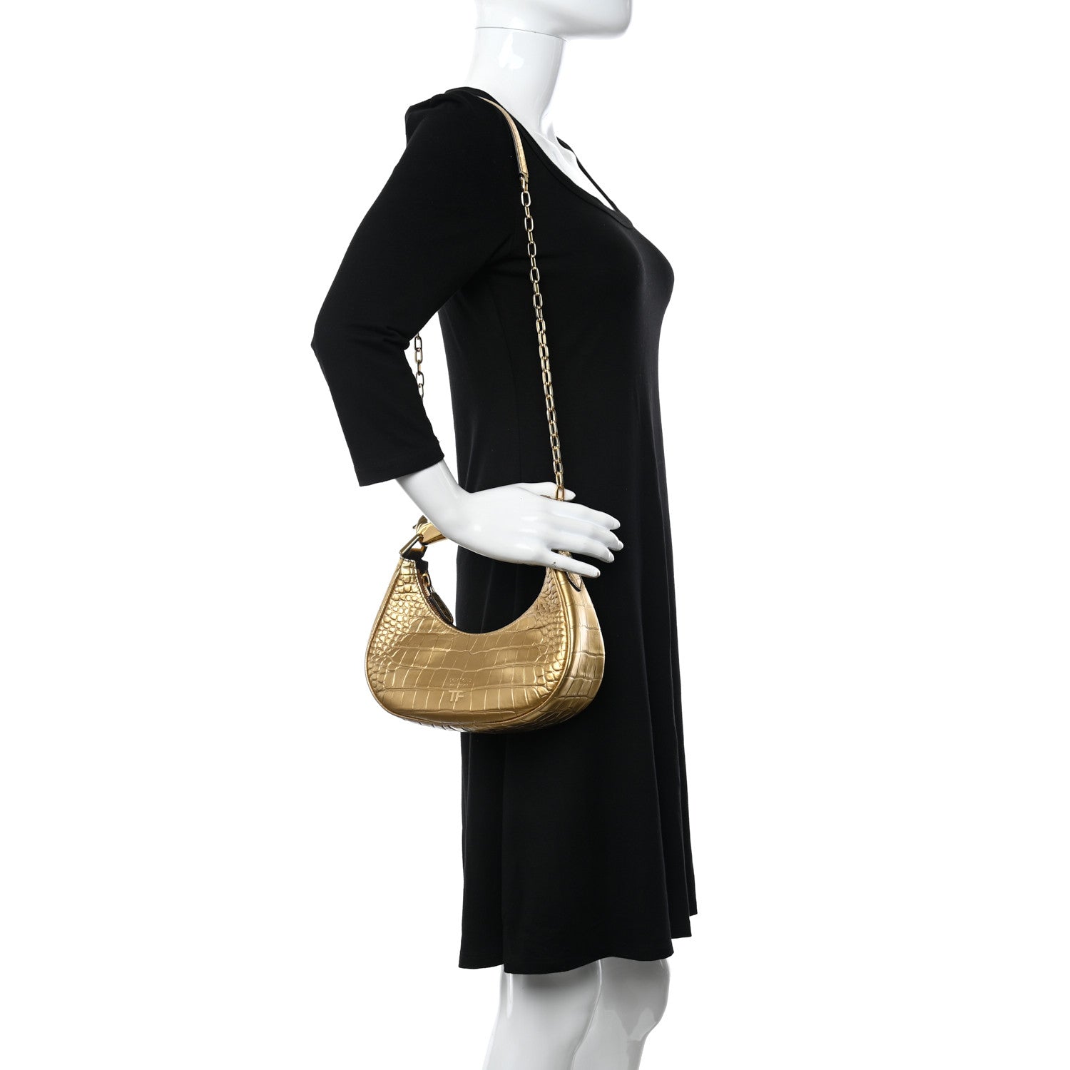 Tom Ford Metallic Calfskin Crocodile Embossed Mini Bianca Hobo Gold 2 of 15
