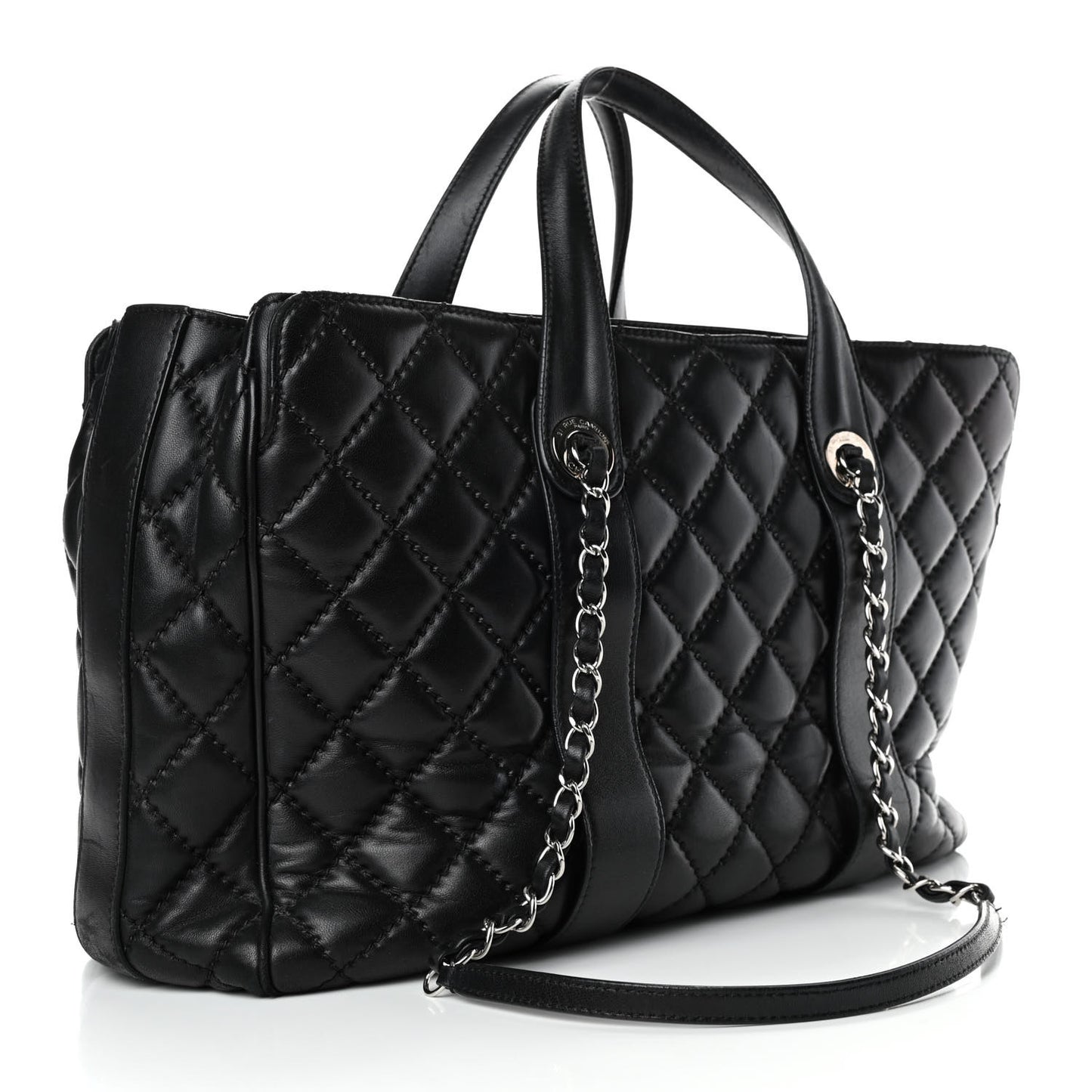 Lambskin Quilted Large Easy Carry Shopping Tote Black