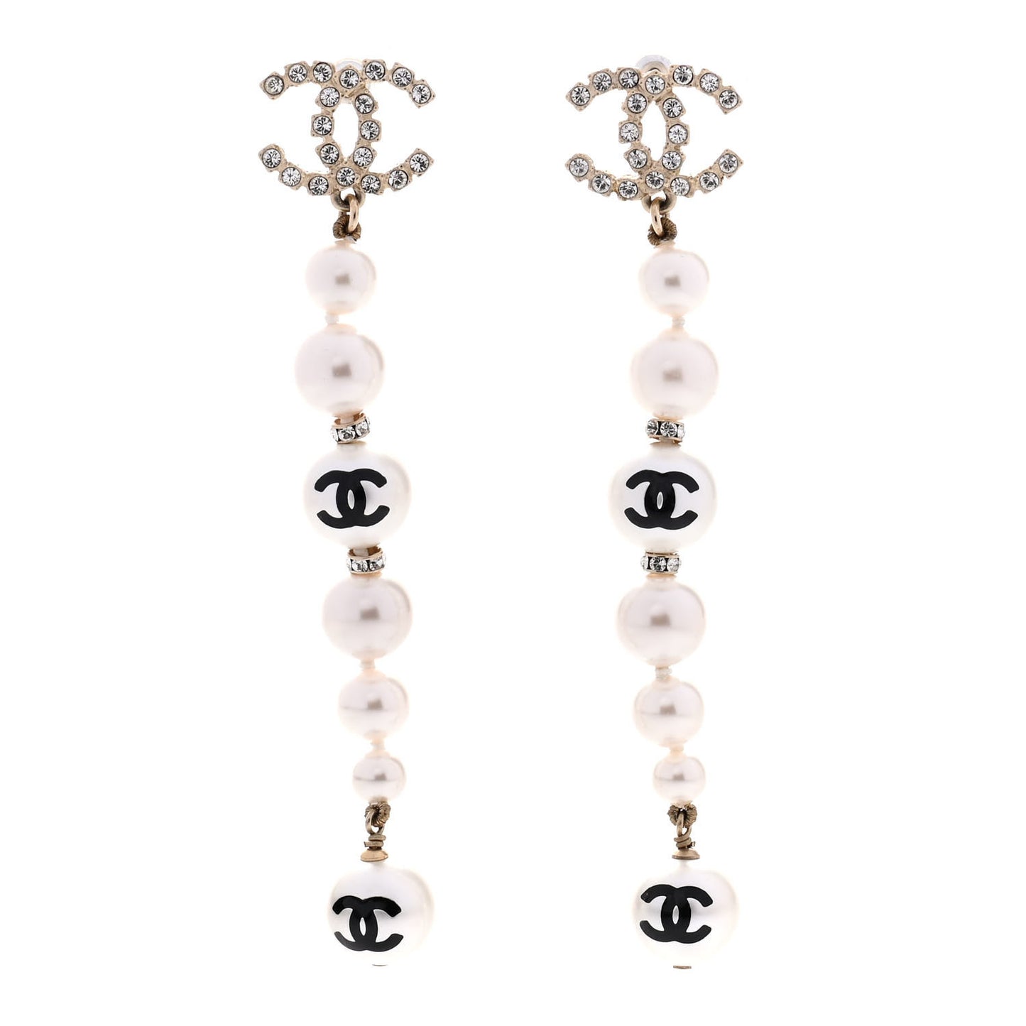 Pearl Crystal Coco's Pearls CC Long Drop Earrings Pearly White Gold Black