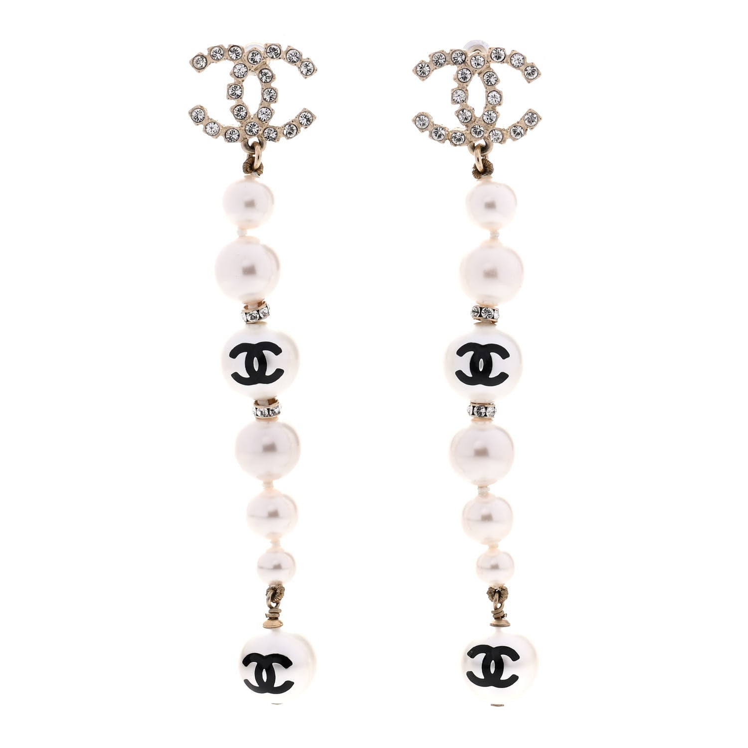 Chanel Pearl Crystal Coco's Pearls CC Long Drop Earrings Pearly White Gold Black 1 of 5