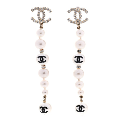 Chanel Pearl Crystal Coco's Pearls CC Long Drop Earrings Pearly White Gold Black 1 of 5
