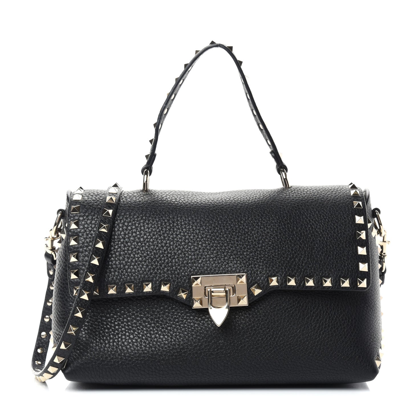 Pebbled Calfskin Rockstud Single Handle Flap Bag Black