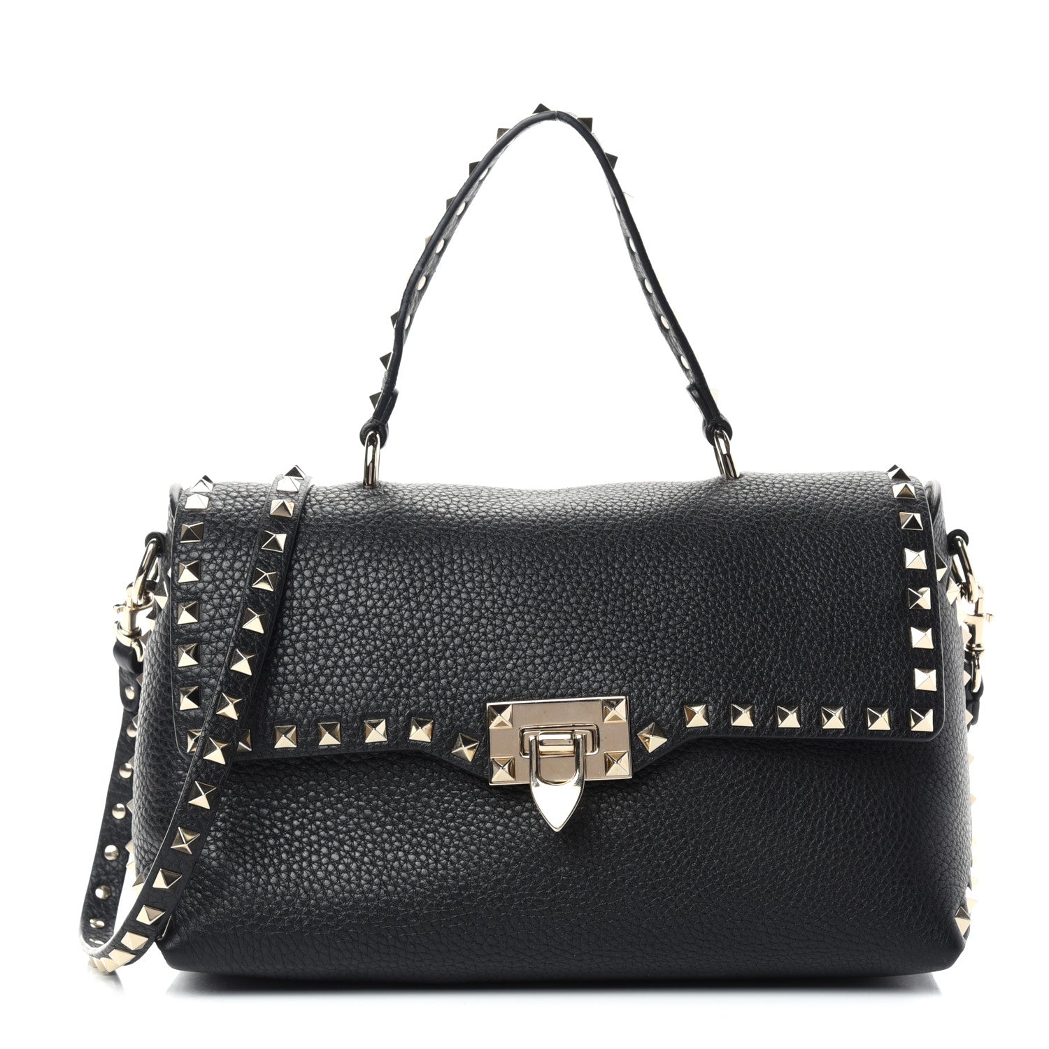 Valentino Garavani Pebbled Calfskin Rockstud Single Handle Flap Bag Black 1 of 9