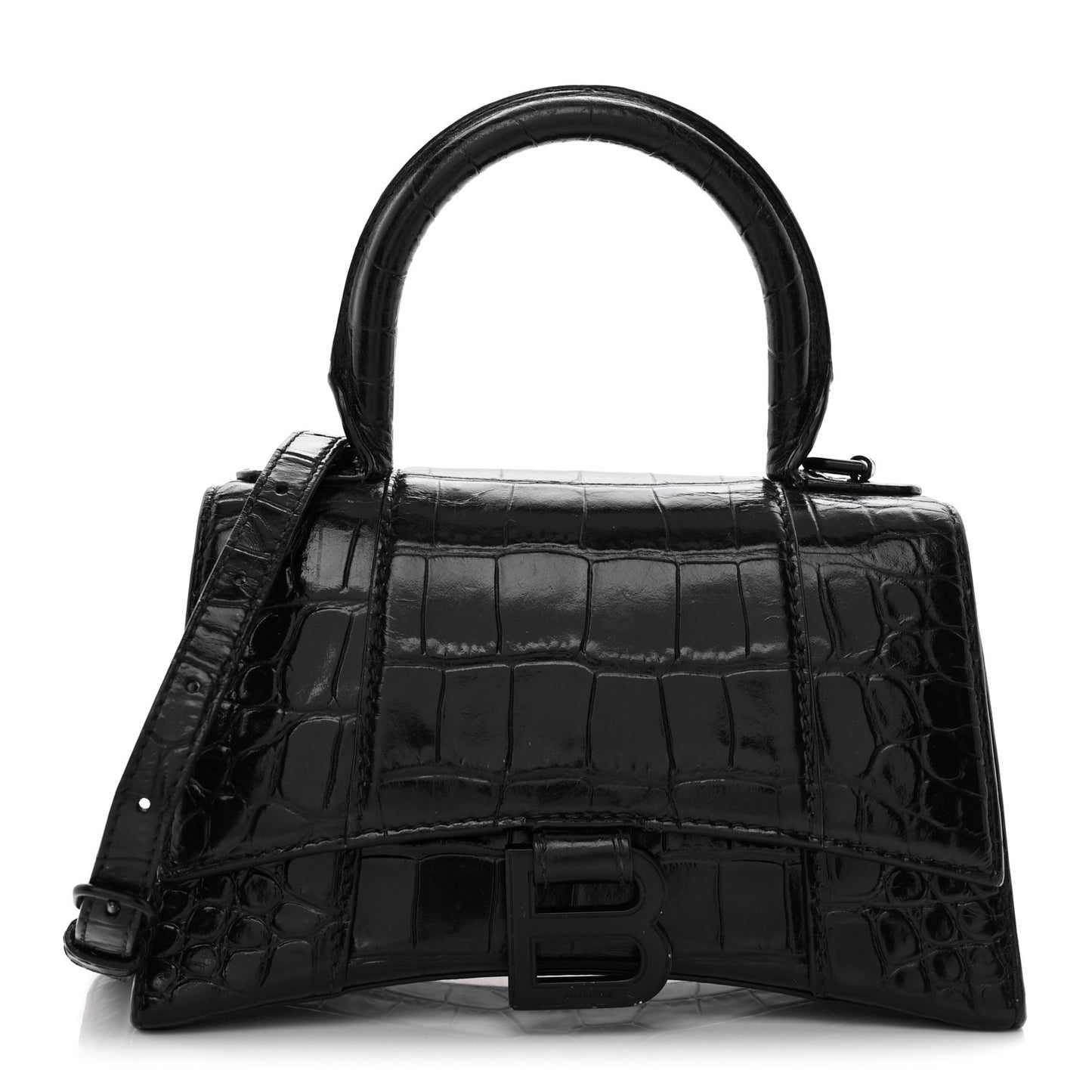 Shiny Calfskin Monochrome Crocodile Embossed Hourglass Top Handle Bag XS Black
