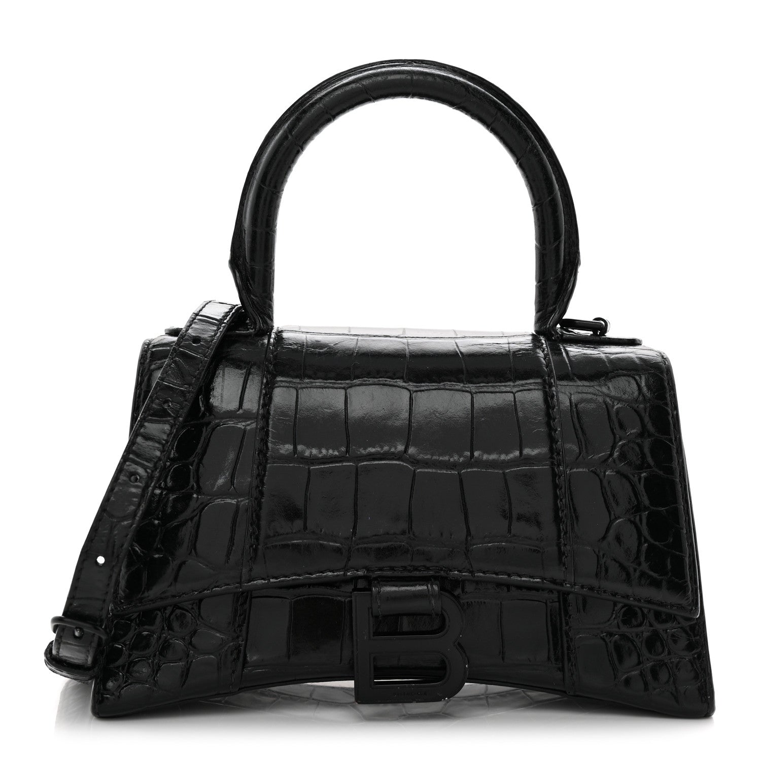 Balenciaga Shiny Calfskin Monochrome Crocodile Embossed Hourglass Top Handle Bag XS Black 1 of 17