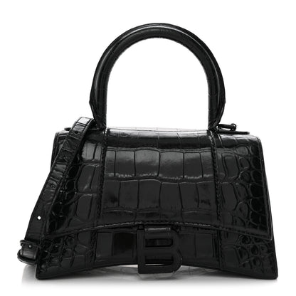 Balenciaga Shiny Calfskin Monochrome Crocodile Embossed Hourglass Top Handle Bag XS Black 1 of 17