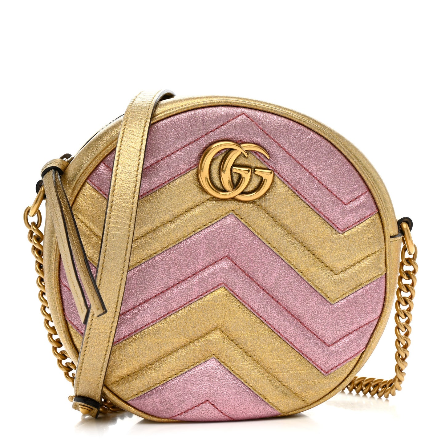 Metallic Nappa Matelasse Heart Mini GG Marmont Round Shoulder Bag Oro Vecchio Rosa