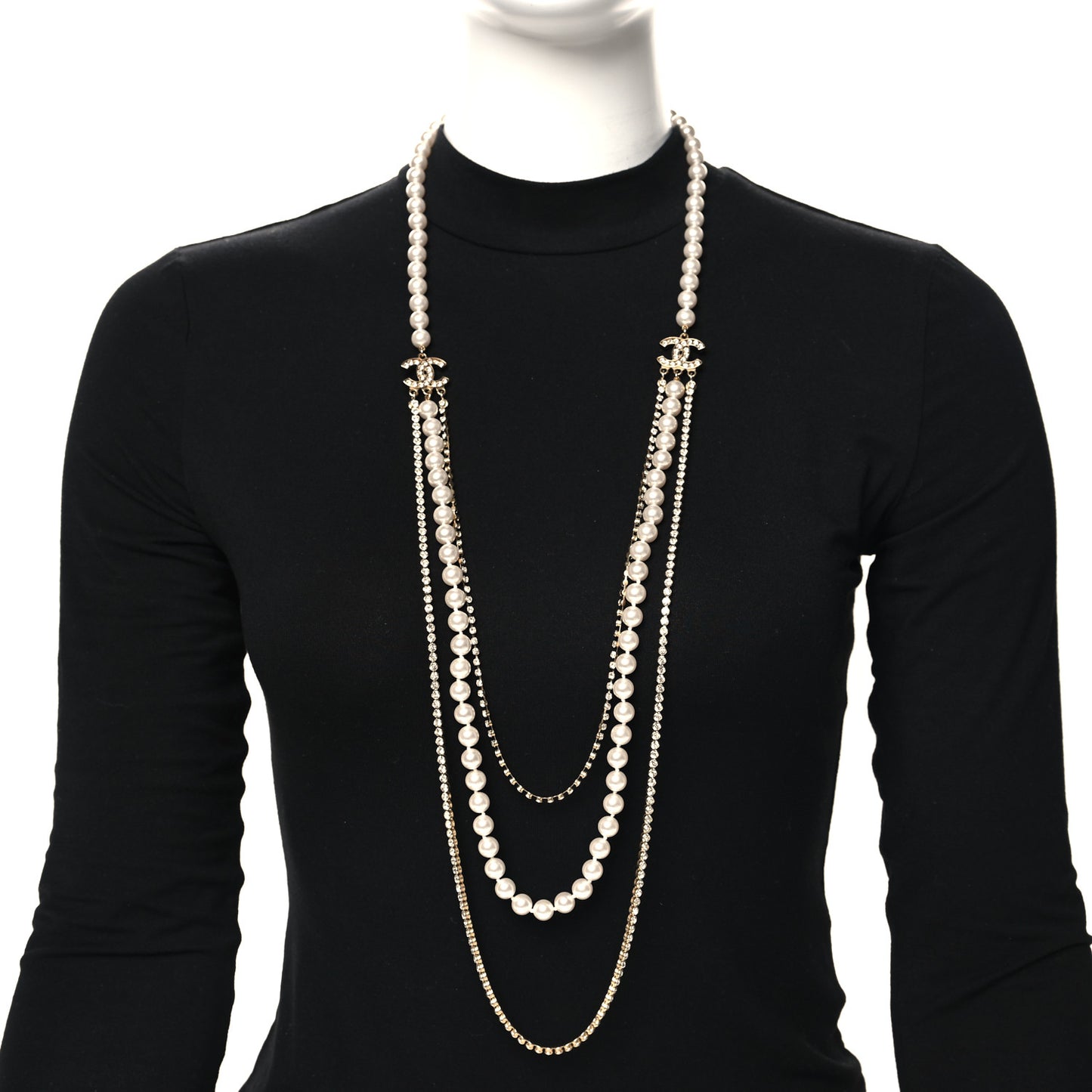 Pearl Crystal Multi Strand CC Long Necklace Gold