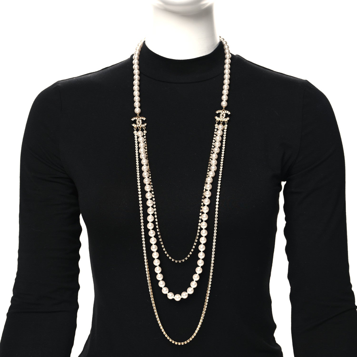 Chanel Pearl Crystal Multi Strand CC Long Necklace Gold 2 of 4
