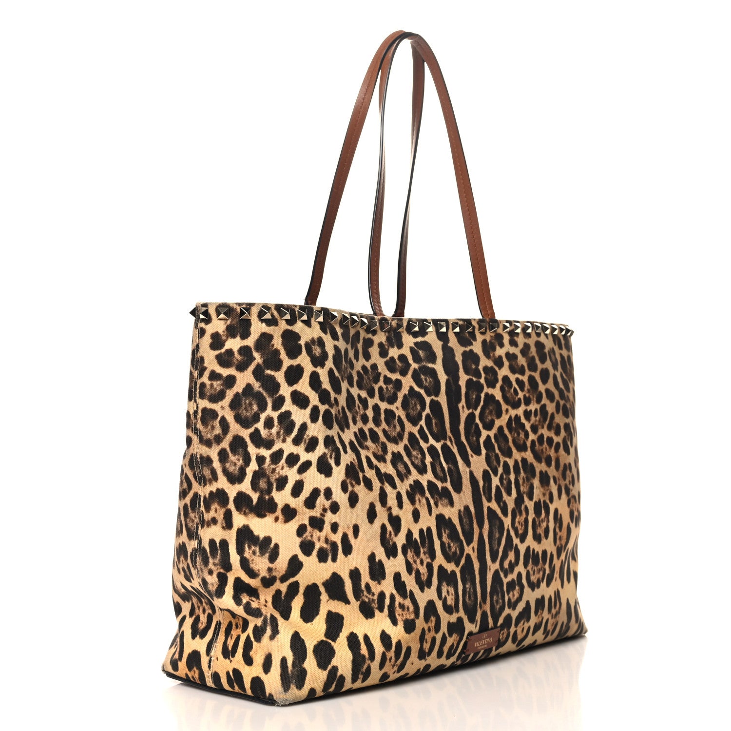 Valentino Garavani Canvas Nappa Leopard Print Rockstud Tote Brown 3 of 14