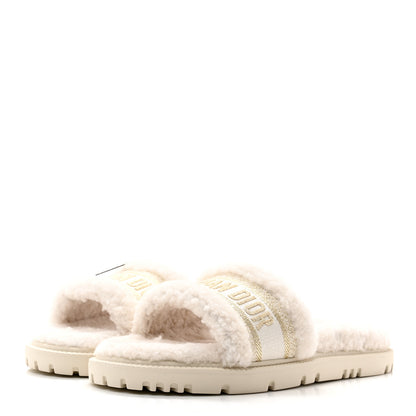 Christian Dior Shearling Canvas Lurex Embroidered Dway 10mm Slide Sandals 40 Natural Platinum 3 of 9