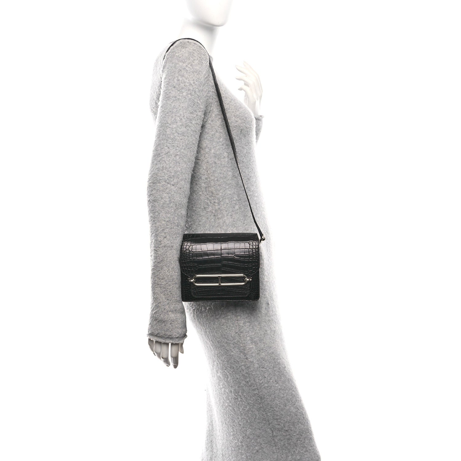 Hermes Shiny Alligator Matte Alligator Mini Sac Roulis Black 2 of 9