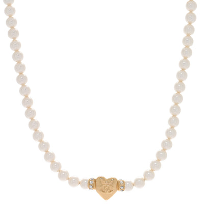 Chanel Crystal Pearl CC Heart Choker Necklace Gold 1 of 5