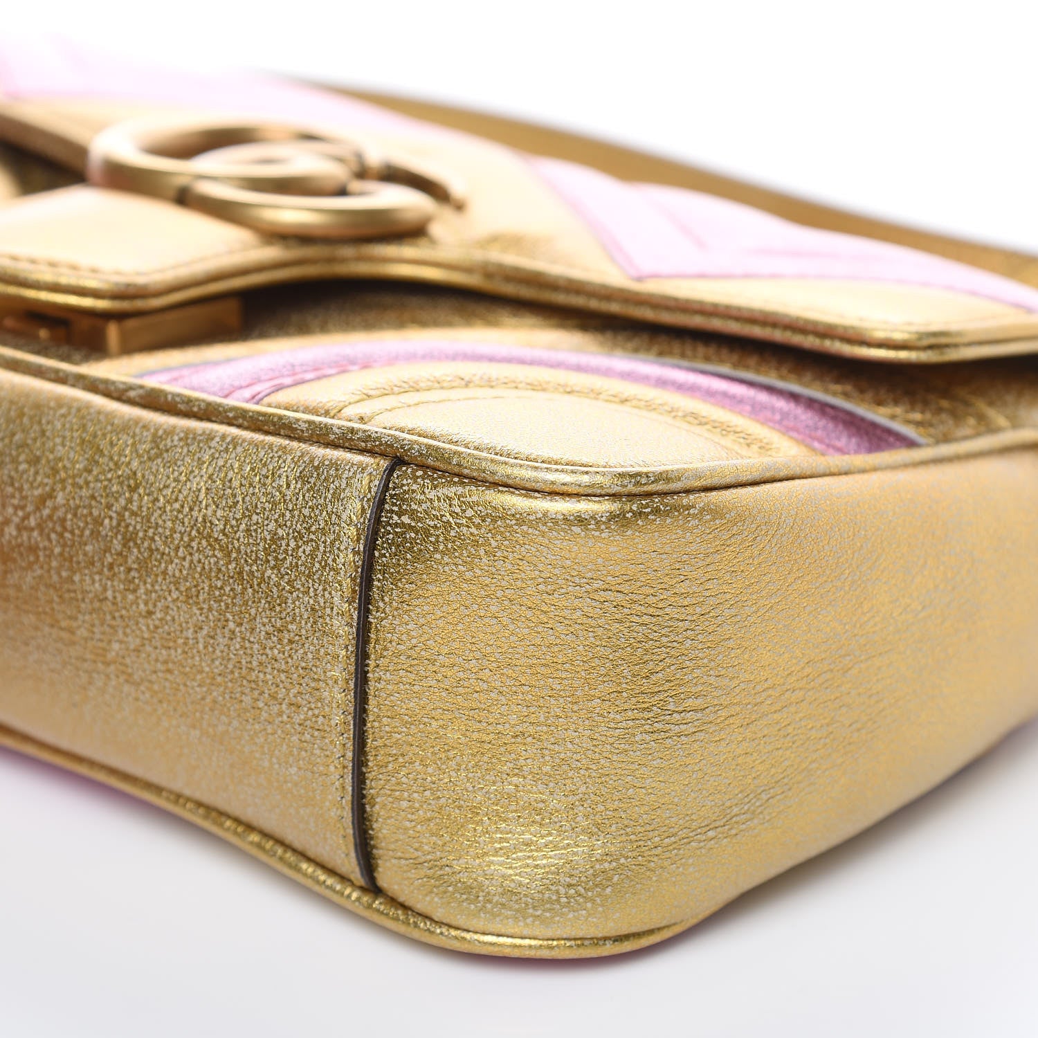 Gucci Metallic Calfskin Matelasse Mini GG Marmont Shoulder Bag Gold Pink 10 of 11