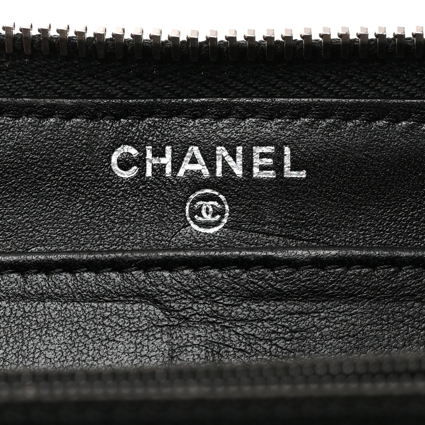 Lambskin Camellia Embossed Large Zip Around Gusset Wallet Black White