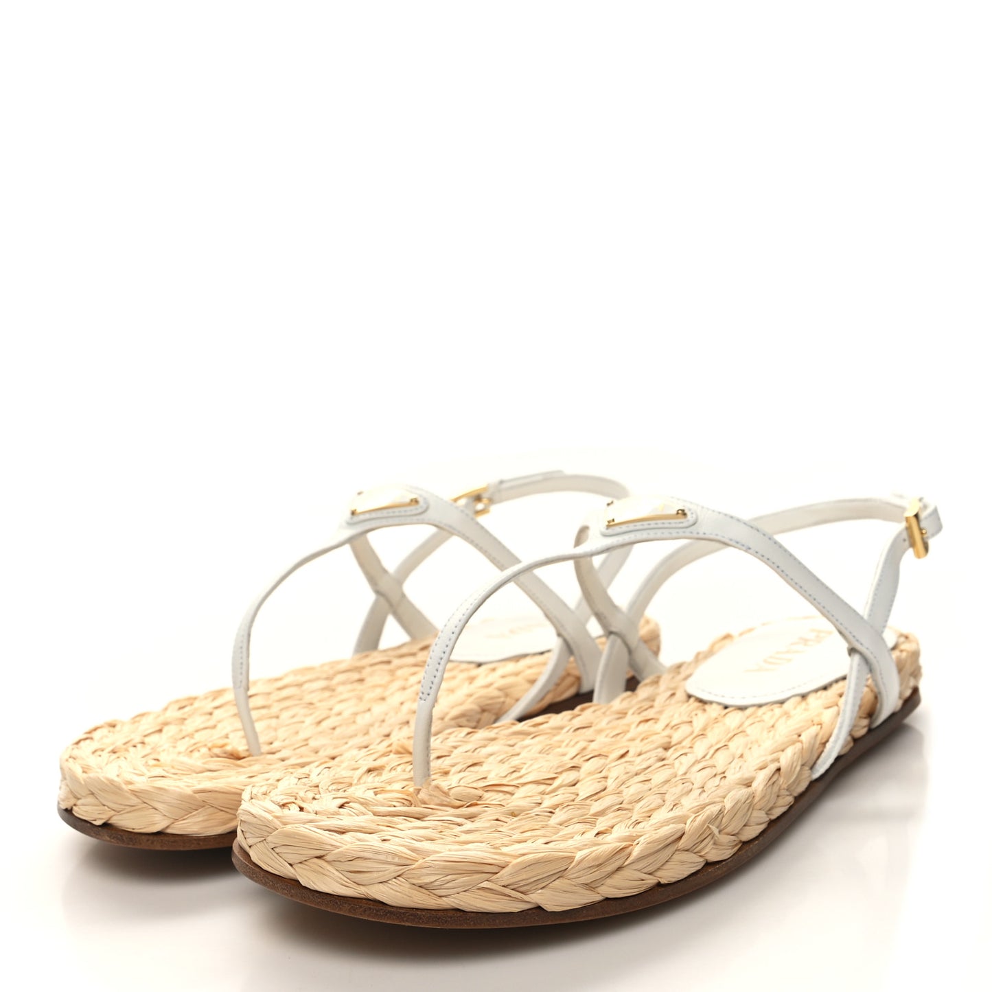 Raffia Metal Triangle Logo Woven Slingback Flat Thong Sandals 40 White