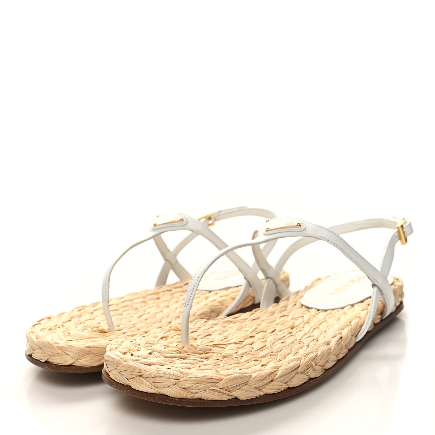 Prada Raffia Metal Triangle Logo Woven Slingback Flat Thong Sandals 40 White 5 of 10