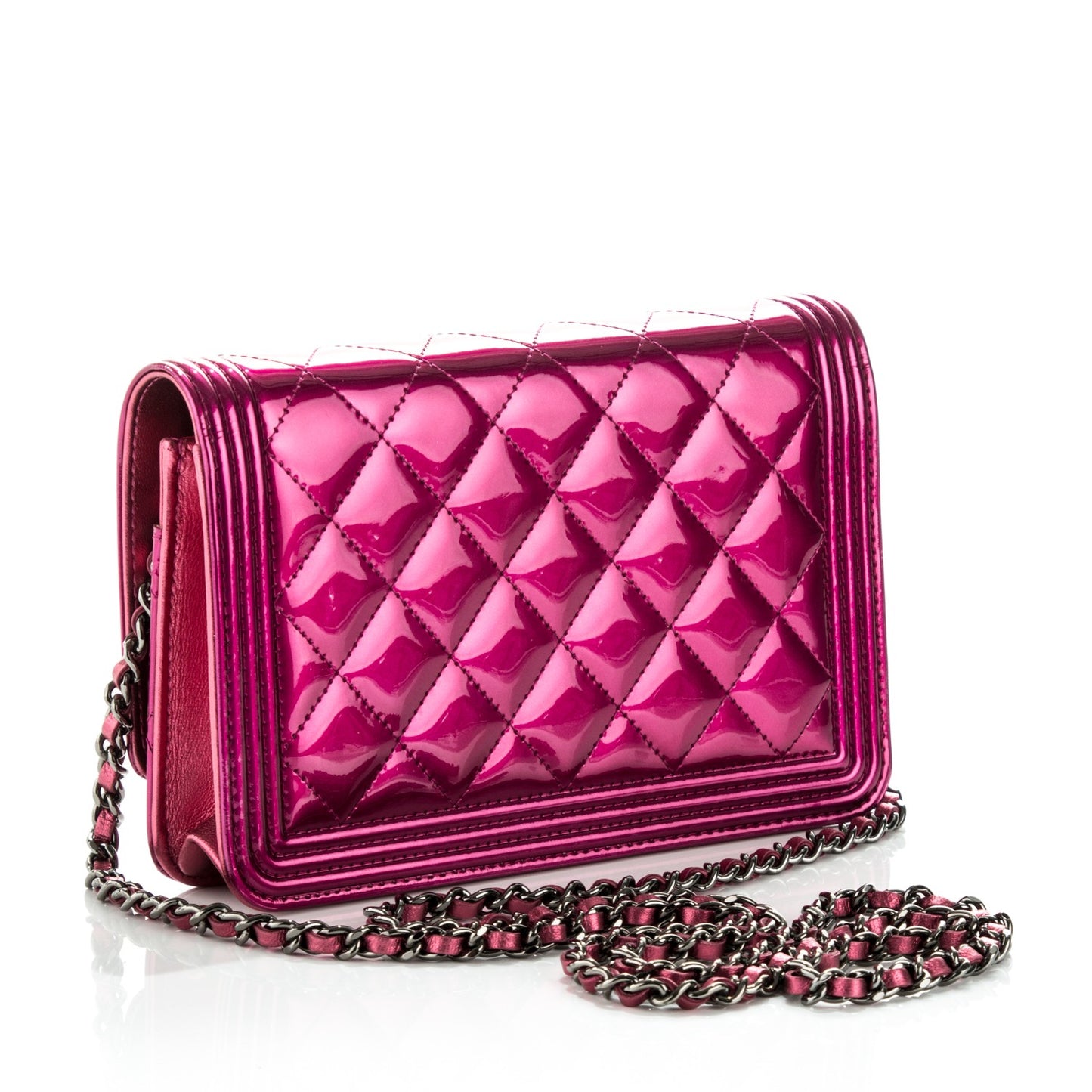 Metallic Patent Calfskin Quilted Boy Wallet On Chain WOC Fuchsia