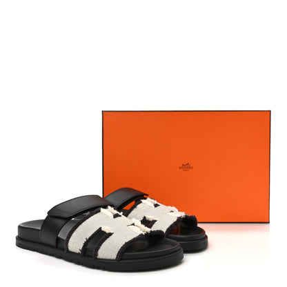 Hermes H Canvas Calfskin Fringed Chypre Sandals 38 Prunoir Black 9 of 9