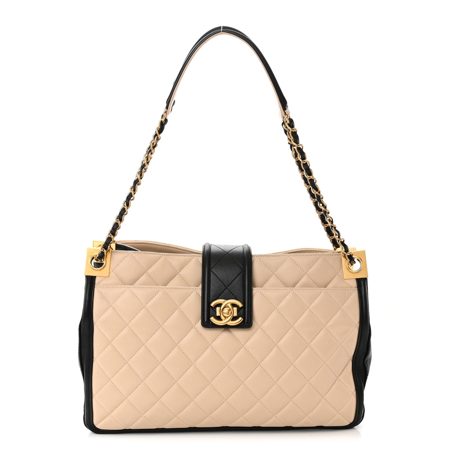 Lambskin Quilted Elegant CC Shopping Tote Beige Black