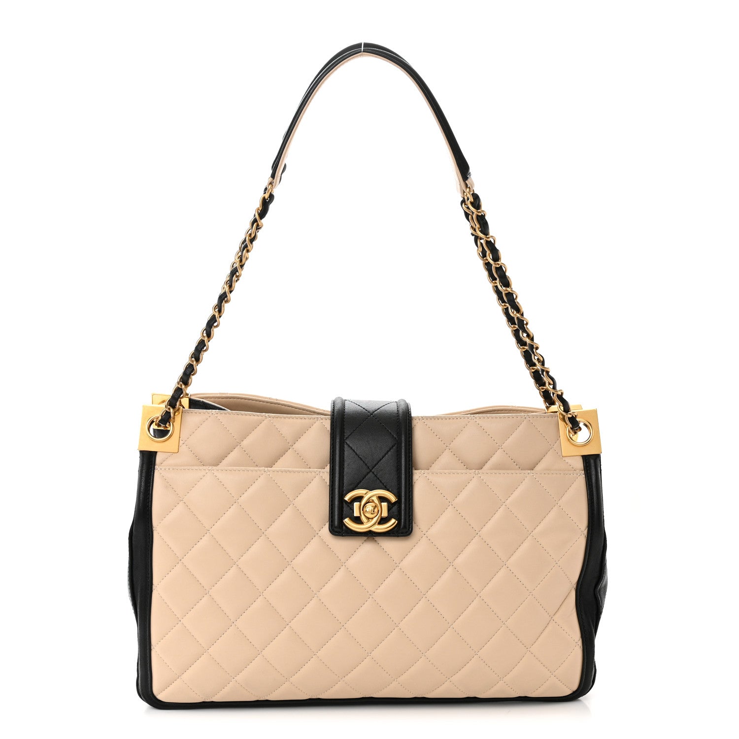 Chanel Lambskin Quilted Elegant CC Shopping Tote Beige Black 1 of 10