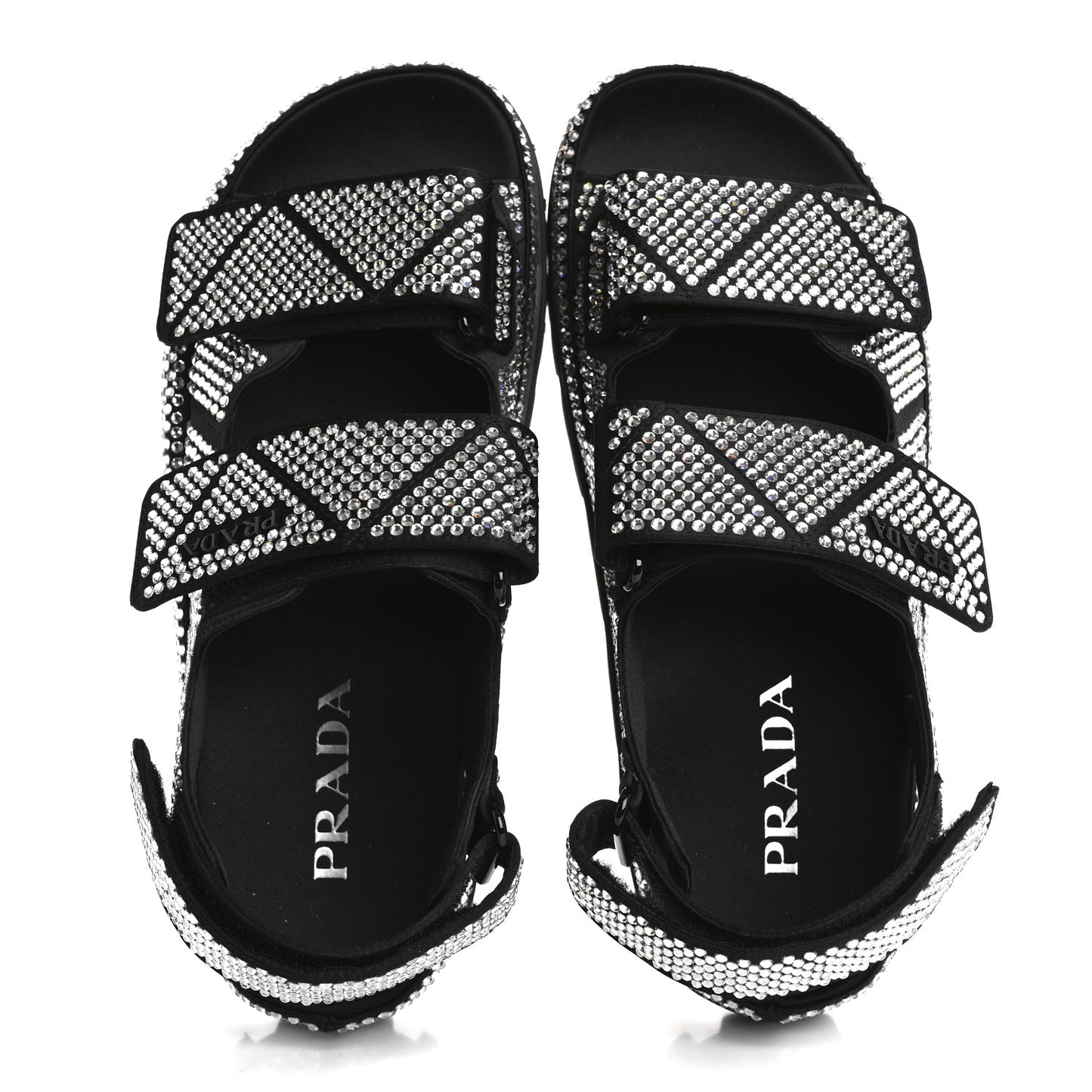 Satin Crystal Embellished Metal Logo Velcro Sandals 37 Black