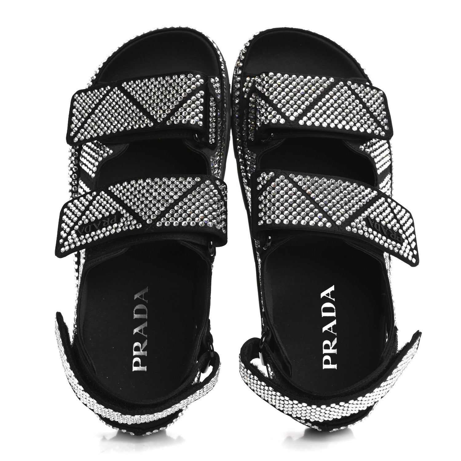 Prada Satin Crystal Embellished Metal Logo Velcro Sandals 37 Black 2 of 11