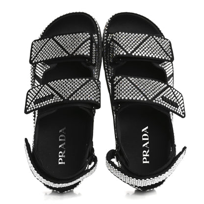 Prada Satin Crystal Embellished Metal Logo Velcro Sandals 37 Black 2 of 11