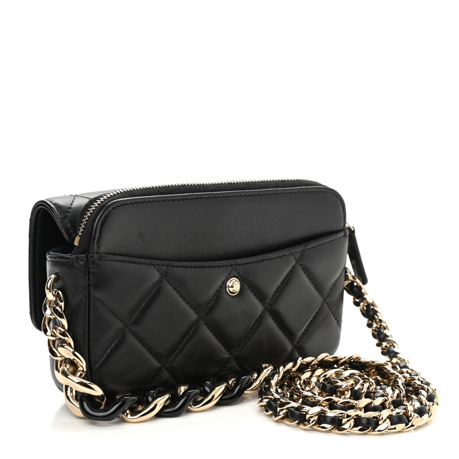 Chanel Lambskin Quilted Resin Bi-Color Flap Phone Holder With Chain Black 3 of 11