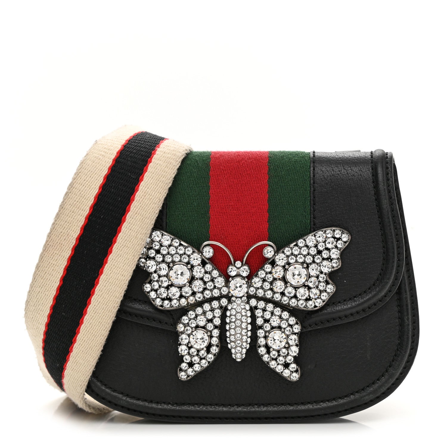 Gucci Calfskin Web Crystal Butterfly Stripe Small Totem Shoulder Bag Black 1 of 16