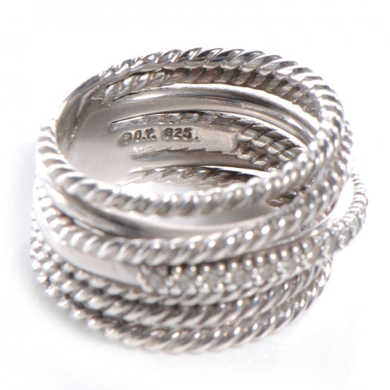 Sterling Silver Pave Diamond Crossover Cable Ring 6