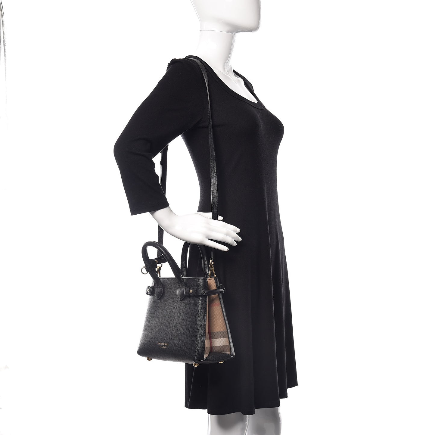 Grainy Calfskin House Check Small Banner Tote Black