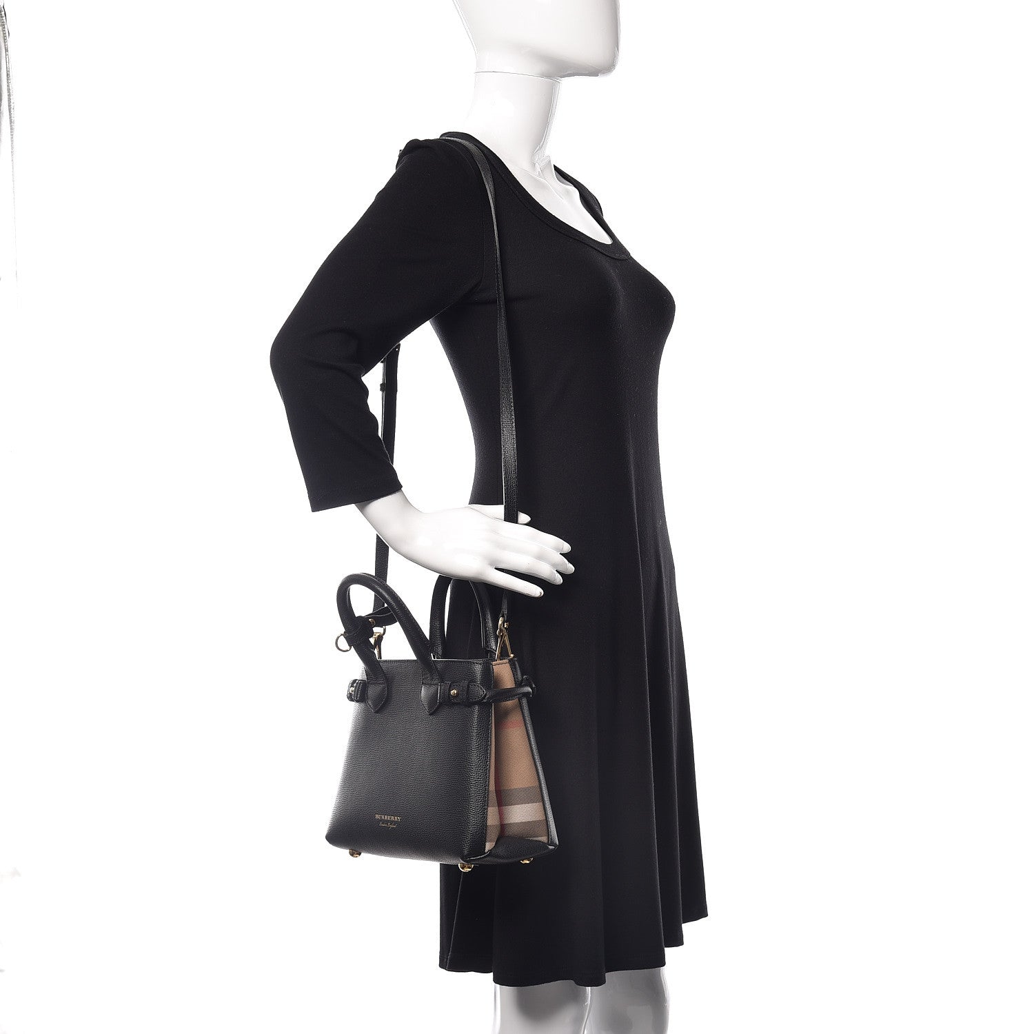 Burberry Grainy Calfskin House Check Small Banner Tote Black 2 of 12