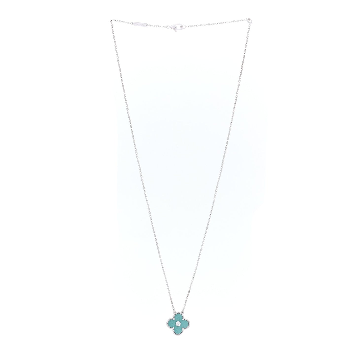18K White Gold Diamond Celadon Green Sevres Porcelain Vintage Alhambra Pendant Necklace