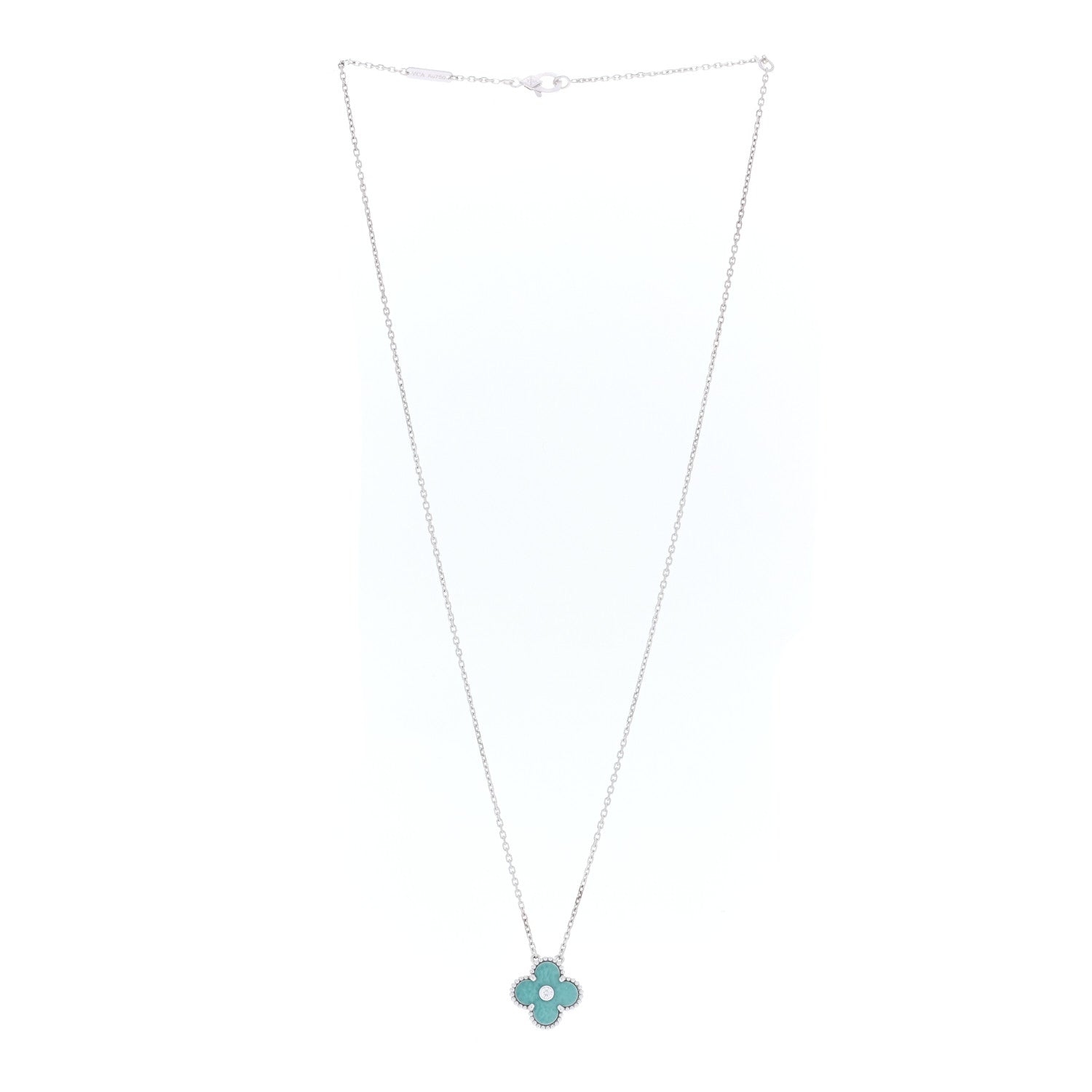 Van Cleef & Arpels 18K White Gold Diamond Celadon Green Sevres Porcelain Vintage Alhambra Pendant Necklace 3 of 4