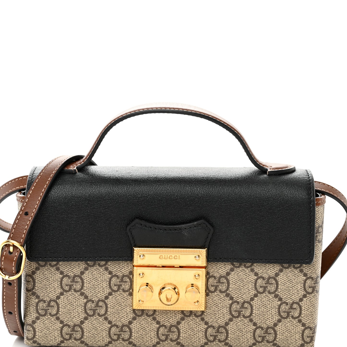 GG Supreme Monogram Calfskin Mini Padlock Top Handle Shoulder Bag Beige Black Cuir