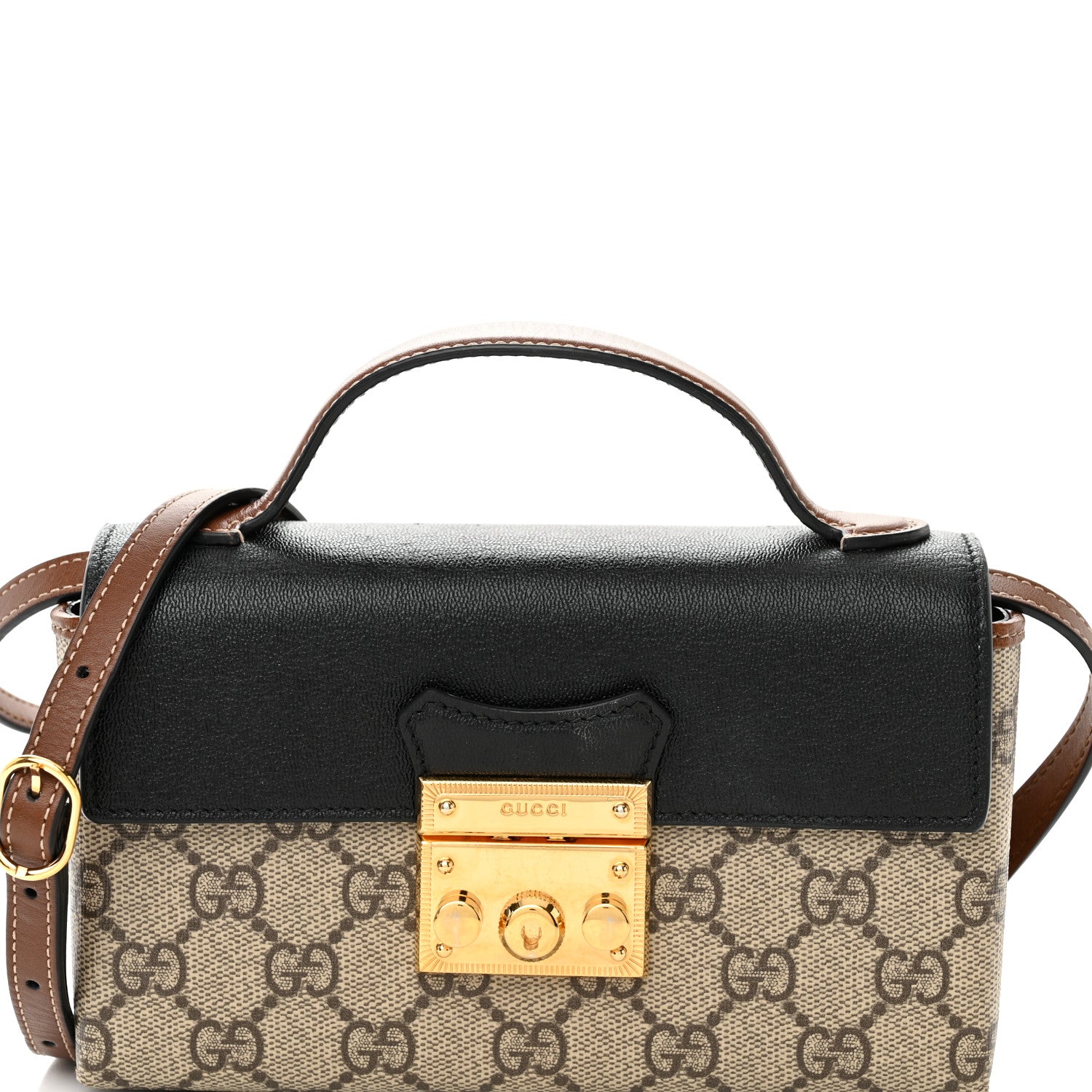 Gucci GG Supreme Monogram Calfskin Mini Padlock Top Handle Shoulder Bag Beige Black Cuir 7 of 13