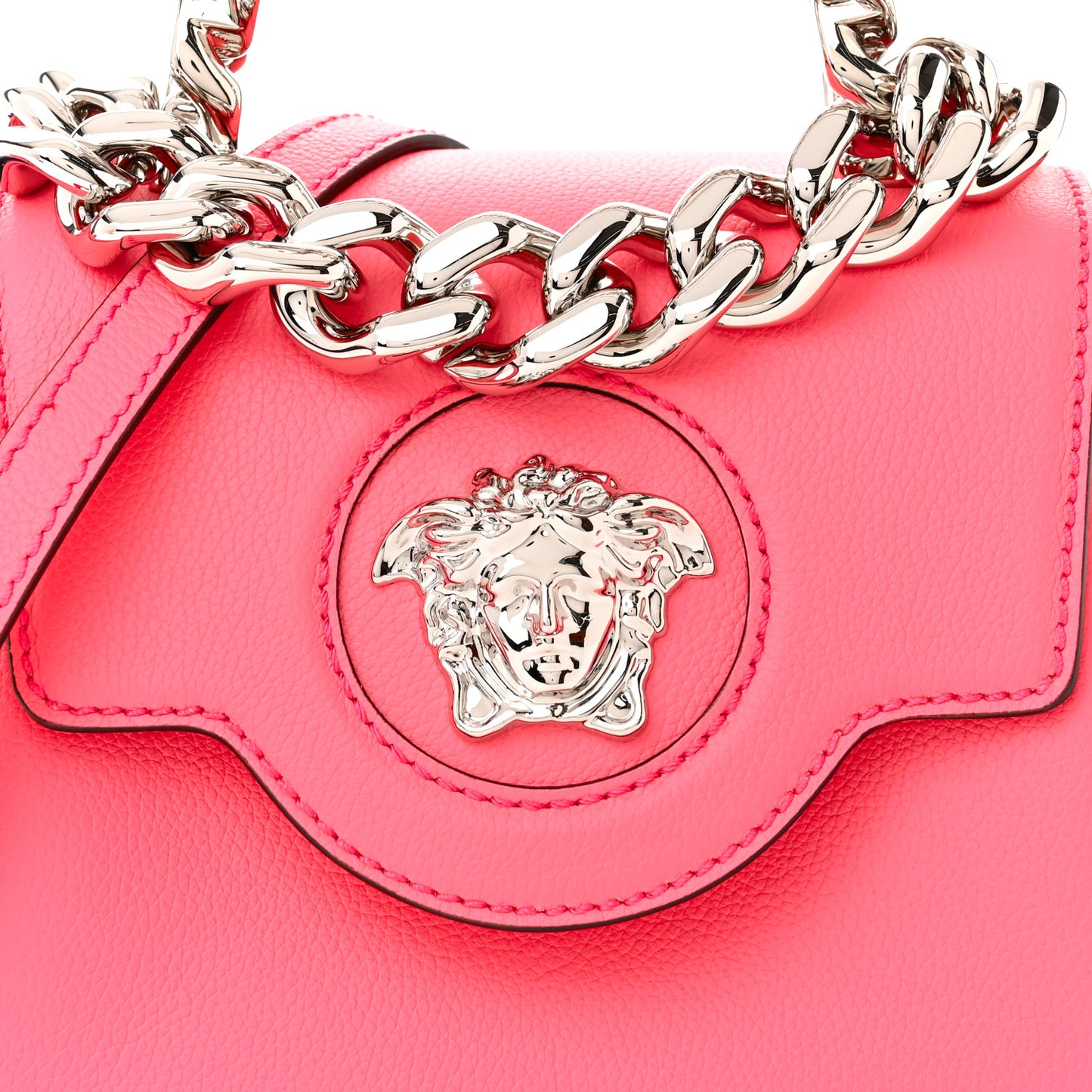 Grained Calfskin Small Chain La Medusa Top Handle Bag Pink