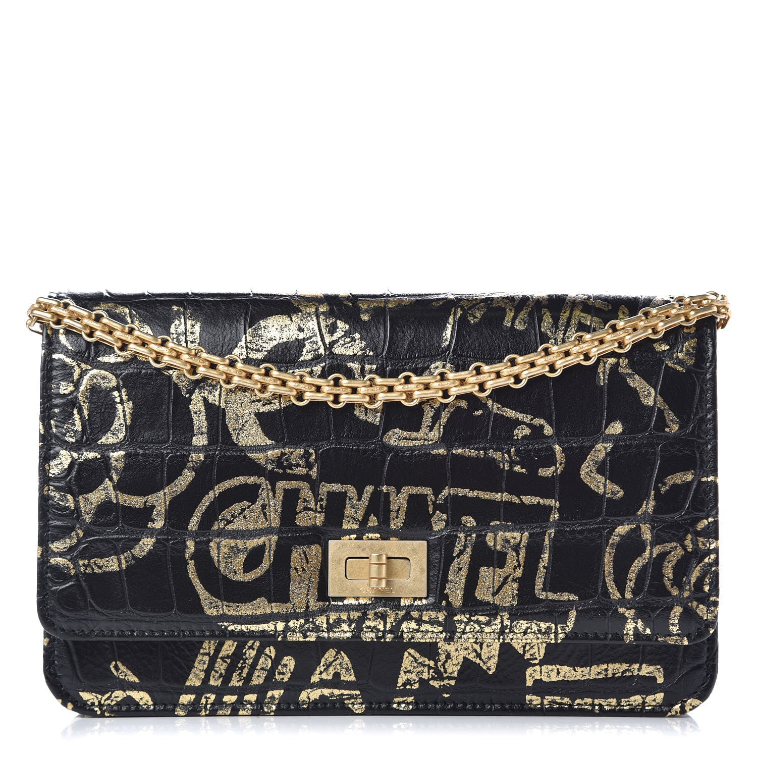Chanel Calfskin Crocodile Embossed Graffiti 2.55 Cocodile Reissue Wallet On Chain WOC Black Gold 1 of 13
