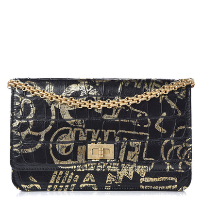 Chanel Calfskin Crocodile Embossed Graffiti 2.55 Cocodile Reissue Wallet On Chain WOC Black Gold 1 of 13