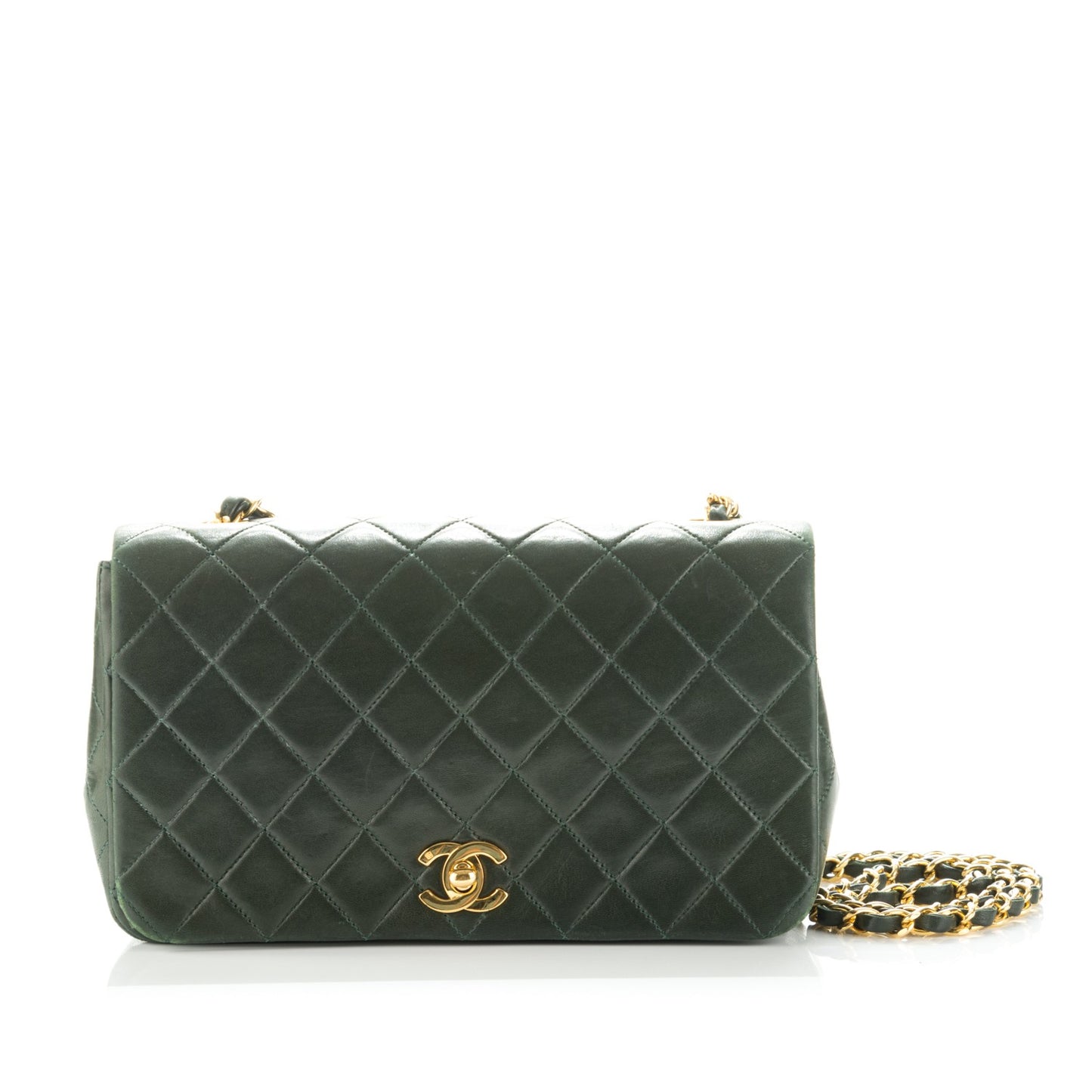 Lambskin Quilted Small Single Flap Dark Green