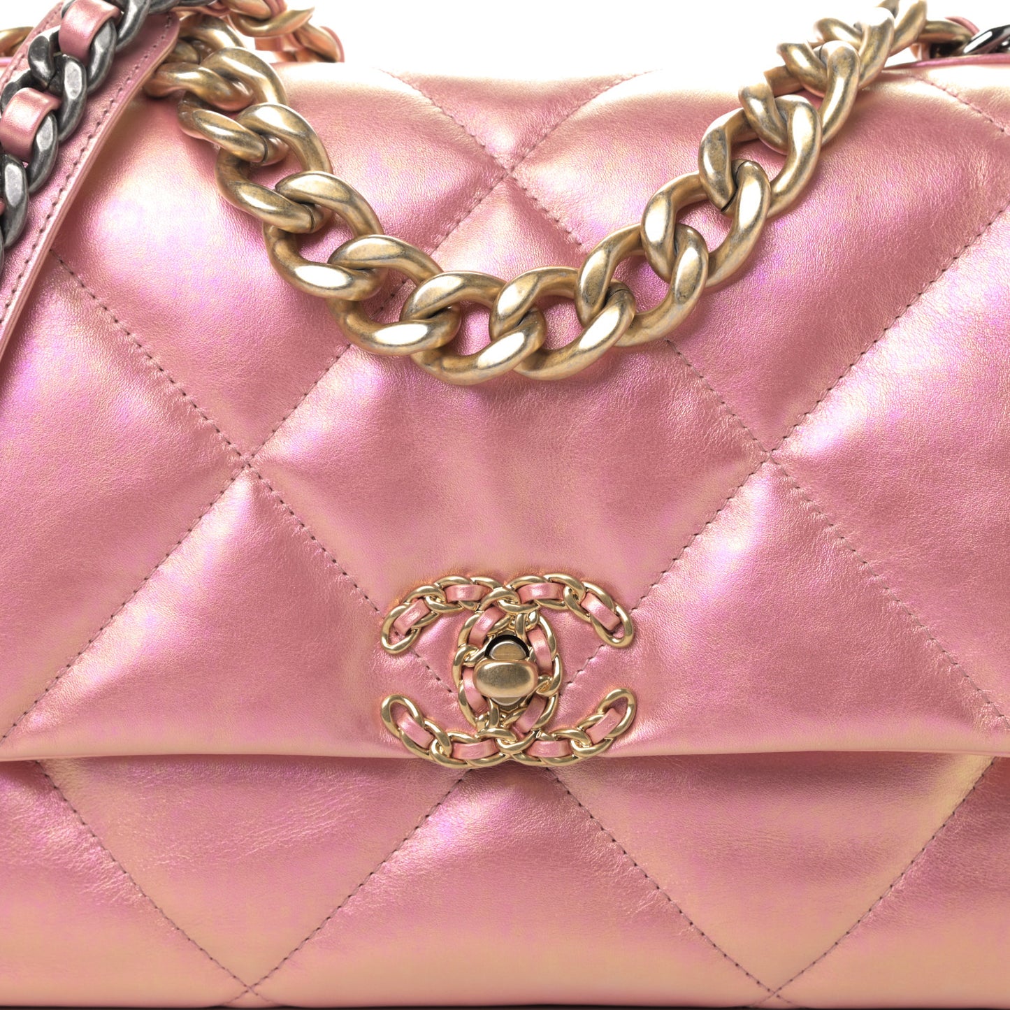 Iridescent Calfskin Quilted Large Chanel 19 Flap Pink