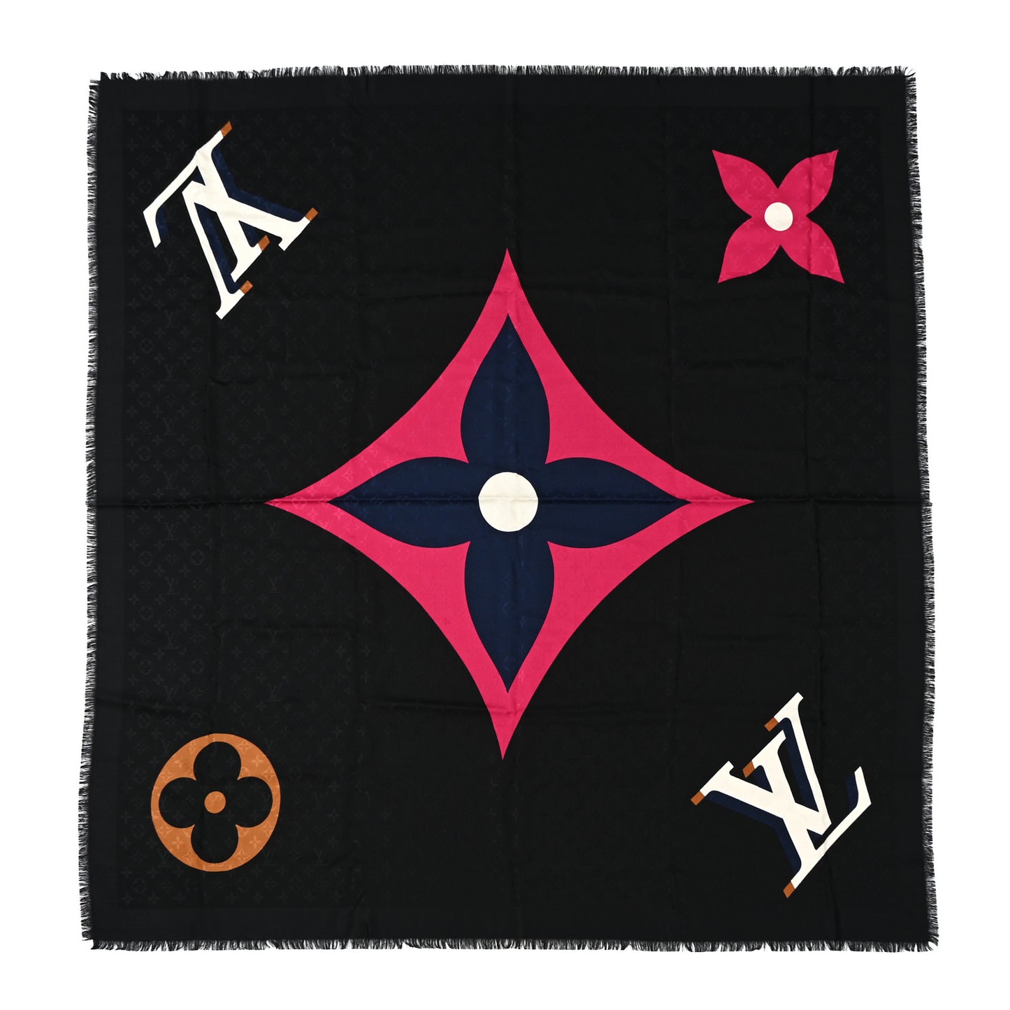 LOUIS VUITTON Silk Wool Monogram Teddy Shawl Black