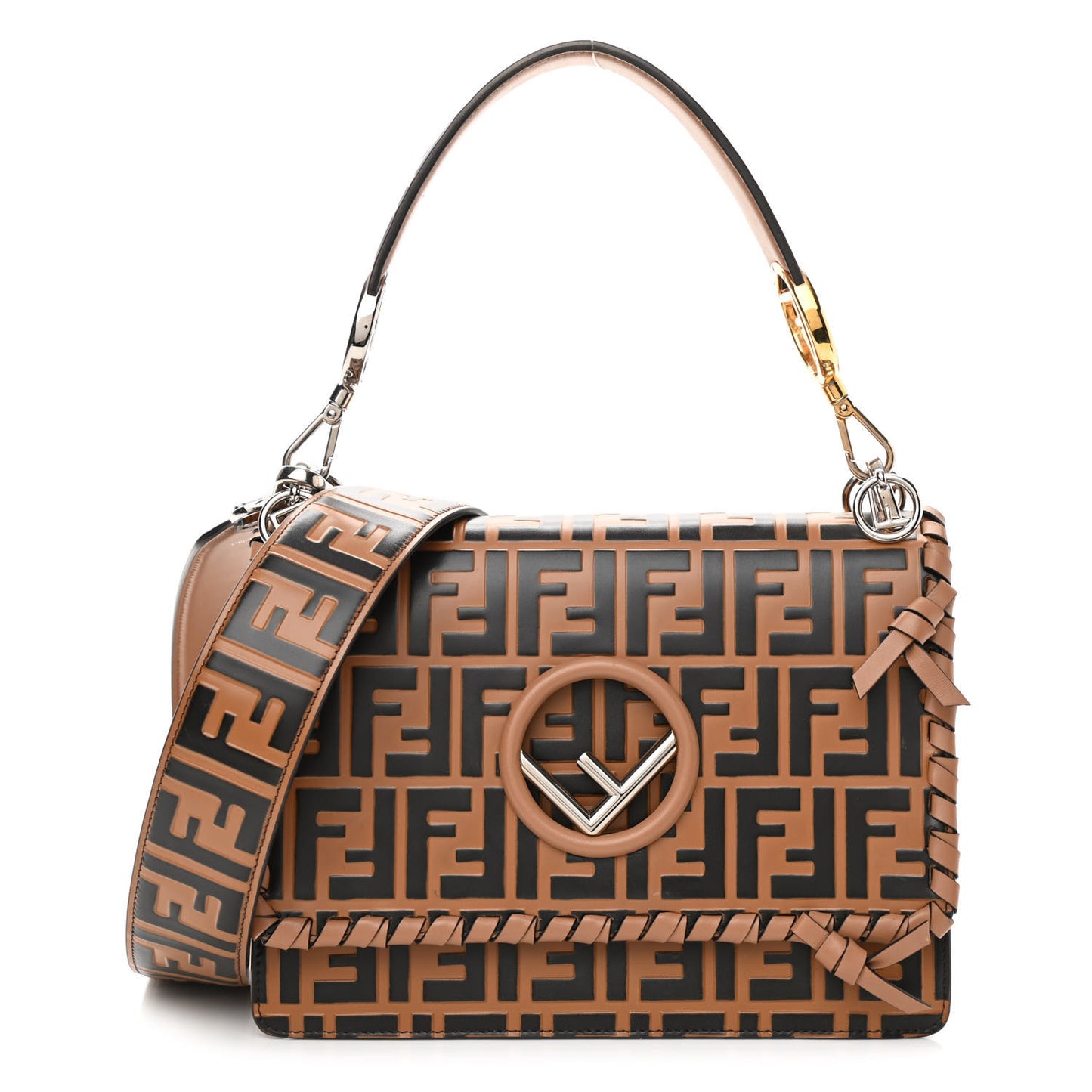 Vitello Century F is Fendi Whipstitch Threads FF Embossed Kan I Shoulder Bag Tobacco Orzo