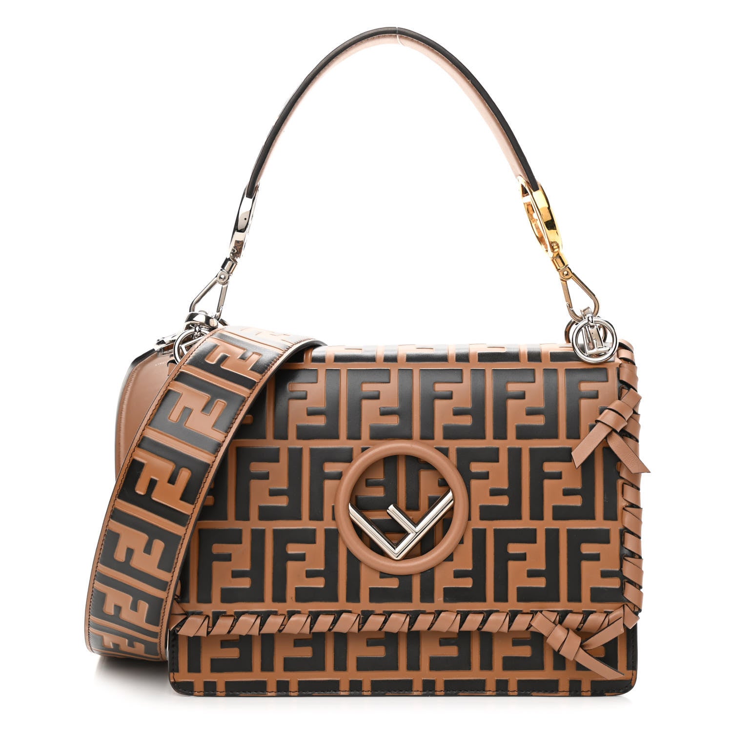 Fendi Vitello Century F is Fendi Whipstitch Threads FF Embossed Kan I Shoulder Bag Tobacco Orzo 1 of 11