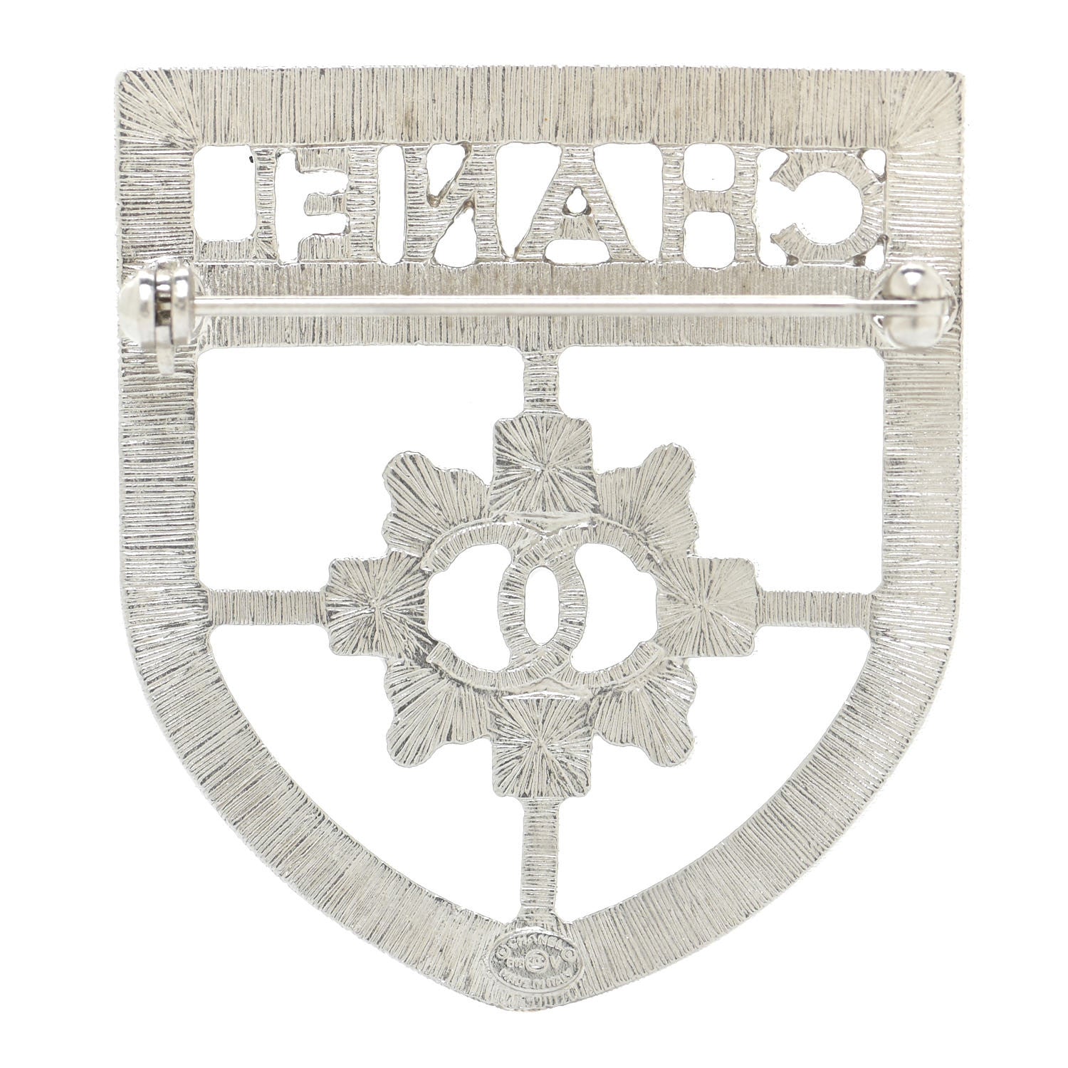 Chanel Swarovski Baguette Crystal CC Shield Brooch Silver 3 of 6
